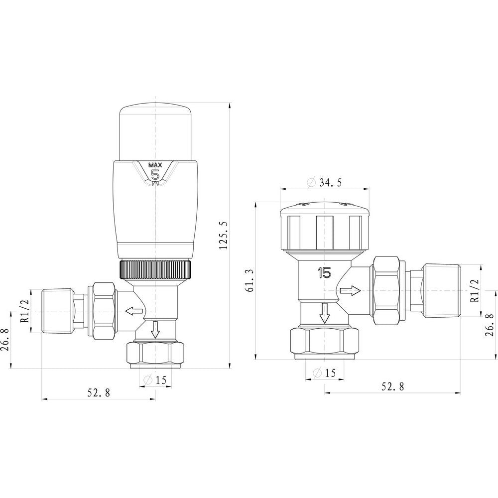 Ajax Round Angled Thermostatic Radiator Valves in Anthracite dimensions