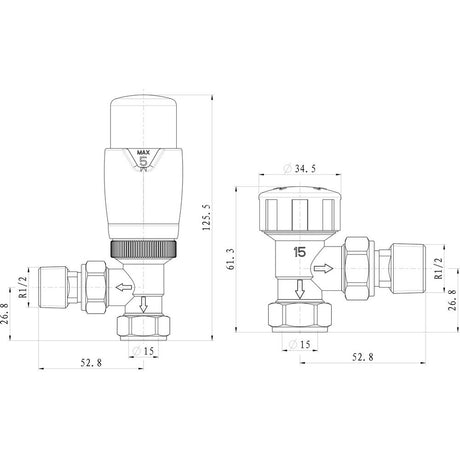 Ajax Round Angled Thermostatic Radiator Valves in Anthracite dimensions