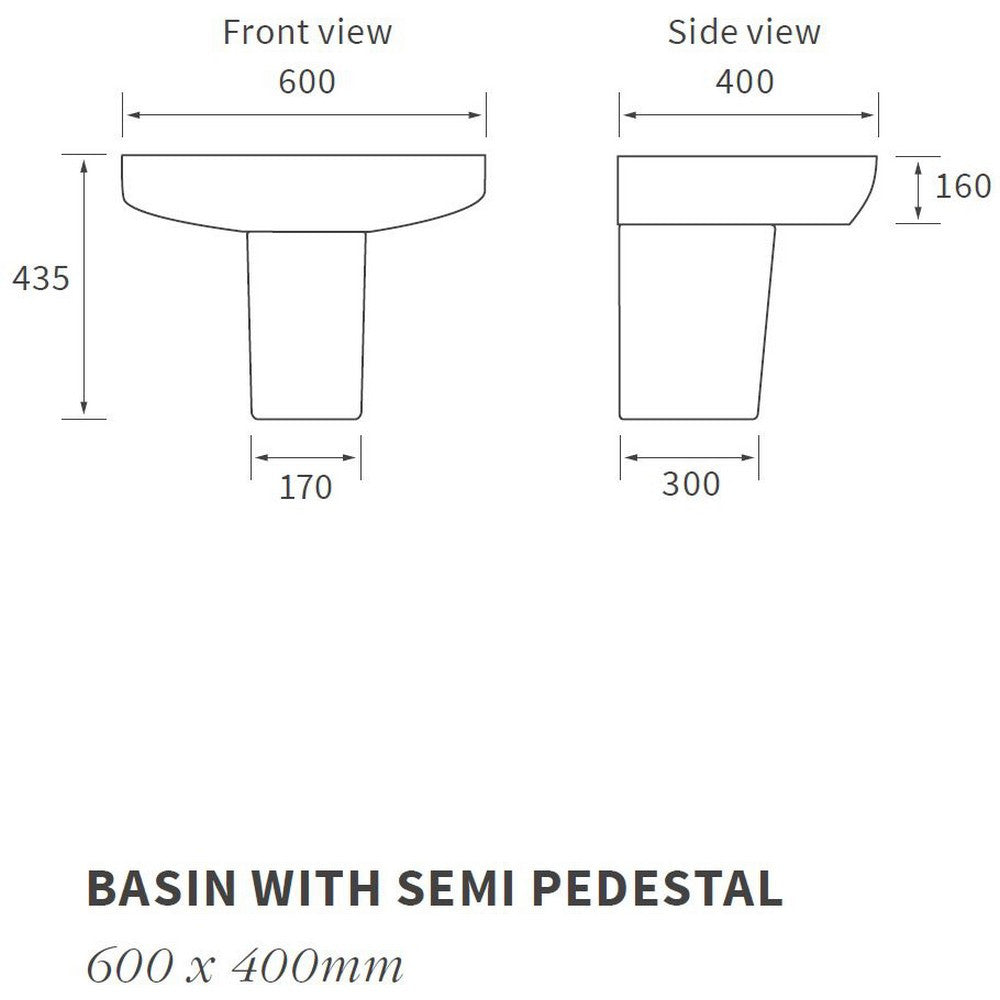 Ajax Weelsby 600mm 1TH Basin With Semi Pedestal size chart