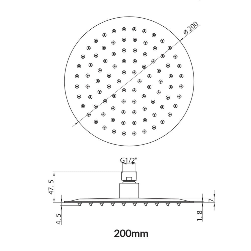 Scudo 200mm Black Round Shower Head Dimensions