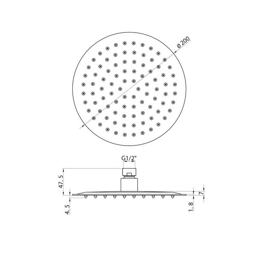 Scudo 200mm Chrome Round Shower Head Dimensions