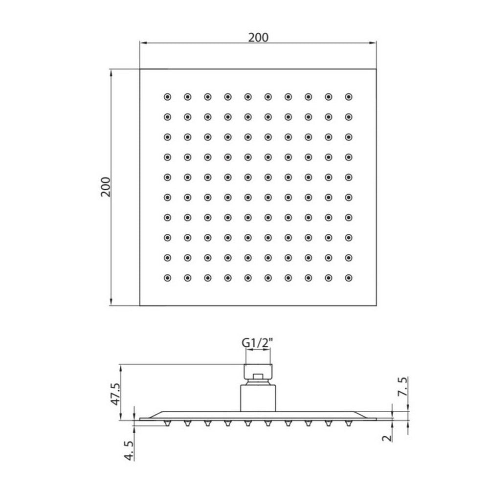 Scudo 200mm Chrome Square Shower Head Dimensions