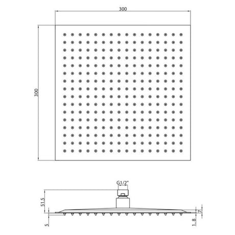 Scudo 300mm Chrome Square Shower Head Dimensions