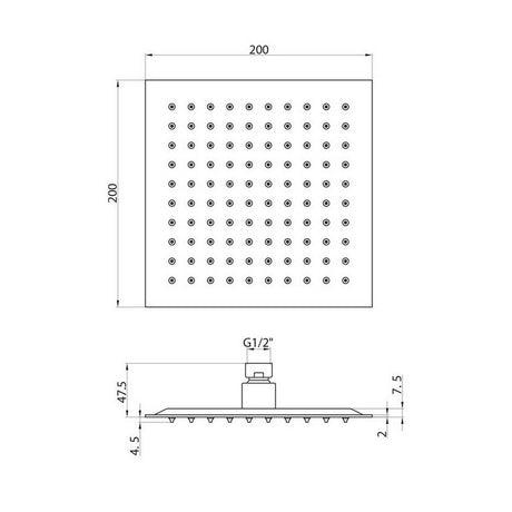 Scudo Black Squared 200mm Shower Head dimensions