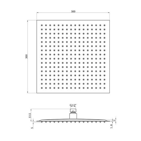 Scudo Black Squared 300mm Shower Head dimensions