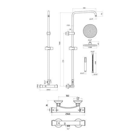 Scudo Chrome Round Rigid Riser Shower Dimensions