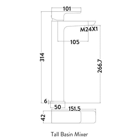 Scudo Muro Chrome Tall Basin Mixer Dimensions