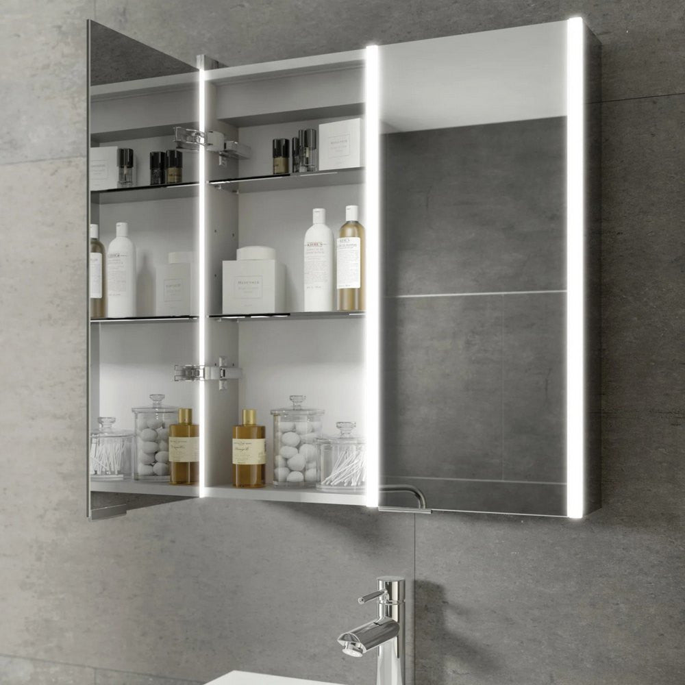 HiB Xenon 60 LED Aluminium Bathroom Cabinet with Mirrored Sides 605 x 700mm open