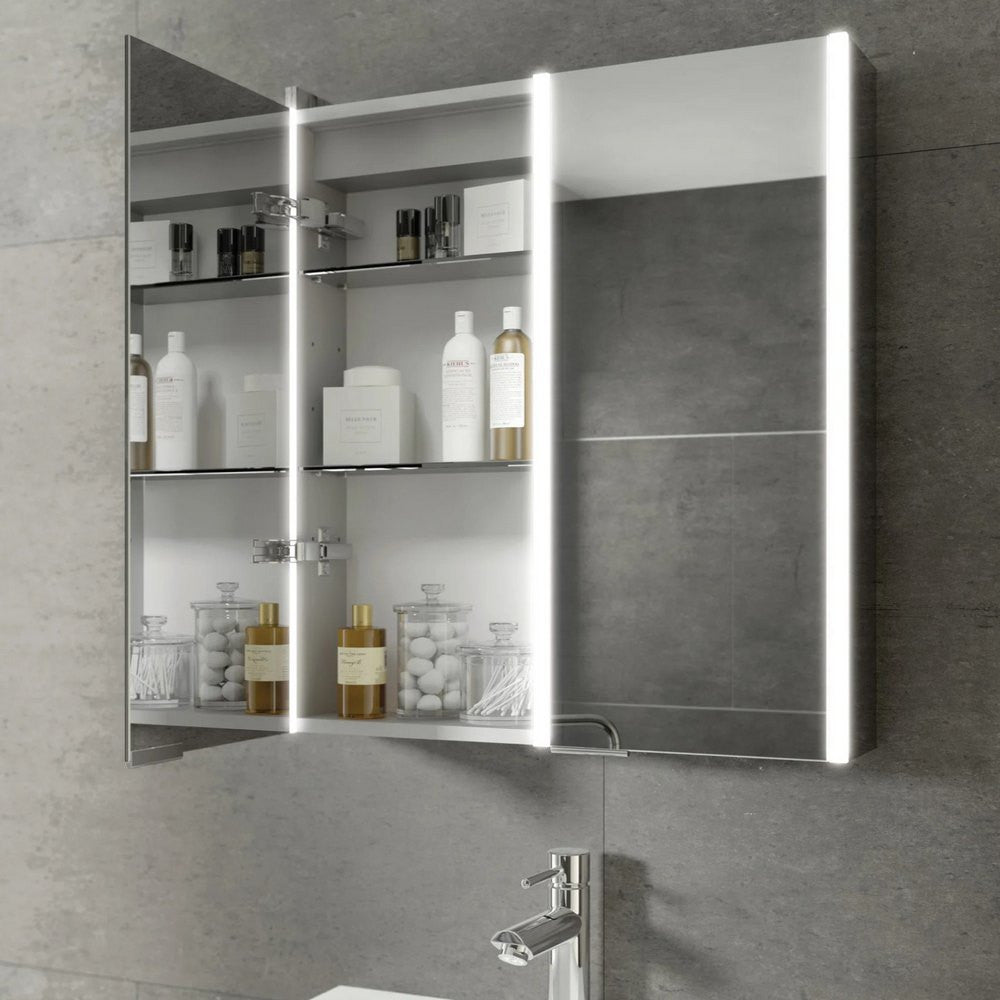 HiB Xenon 80 LED Aluminium Bathroom Cabinet with Mirrored Sides 820 x 700mm open